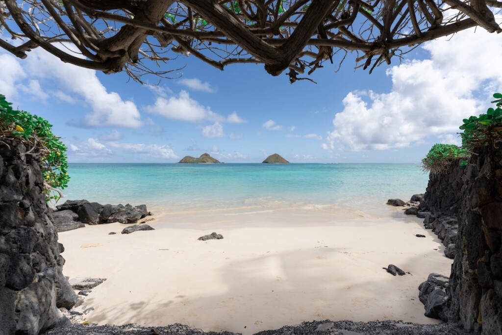 View Of The Twin Islands Of Na Mokulua From Lanikai Beach In Kailua, Hawaii, Usa