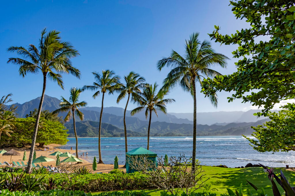 Beach At A Resort At Hanalei Bay And The Na Pali Coast Princeville Kauai Hawaii Usa